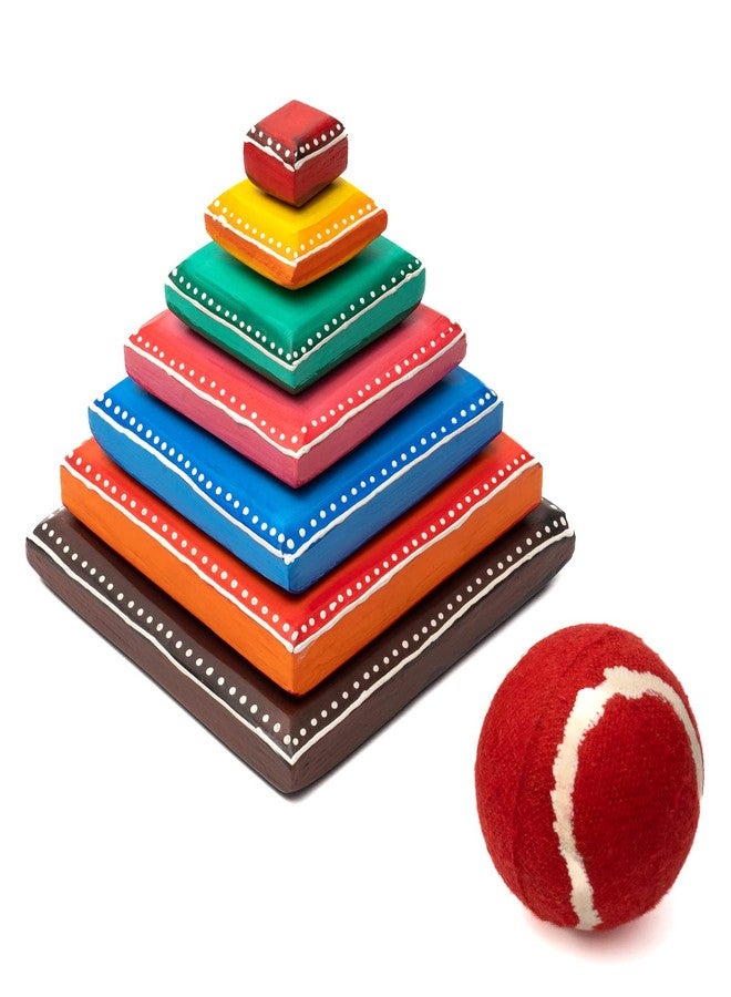 TOOLART Wooden 7 Pieces Traditional Indian Handmade Outdoor Game Lagori Pitthu Eco Friendly Multicolored Color Play Set (Ball Design Color May Vary as per Stock) - Image 1